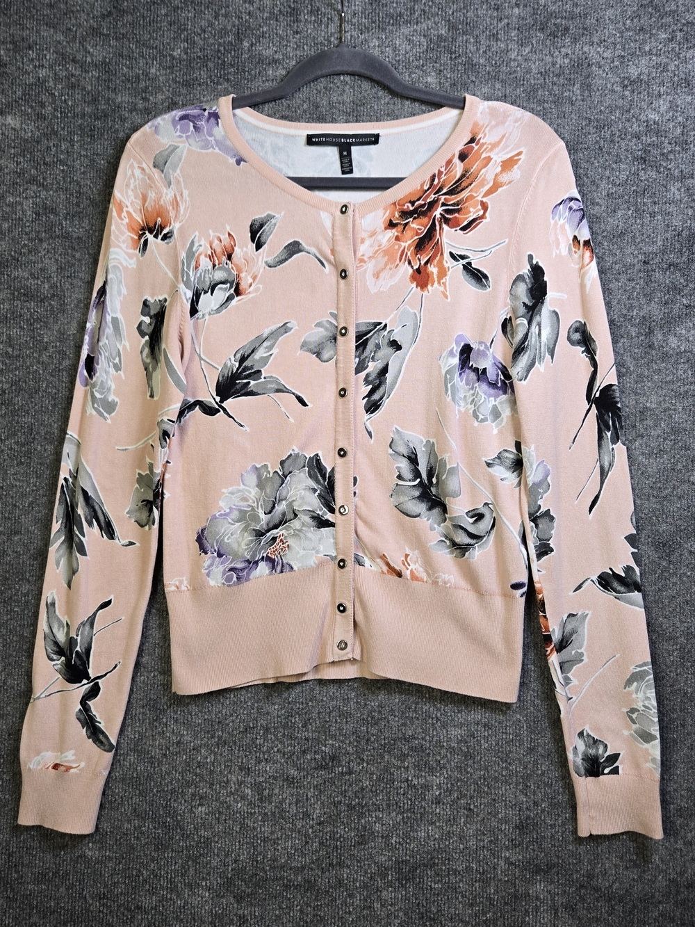 White House Black Market Cardigan Womens M Peach Gray Tropical Snap Front